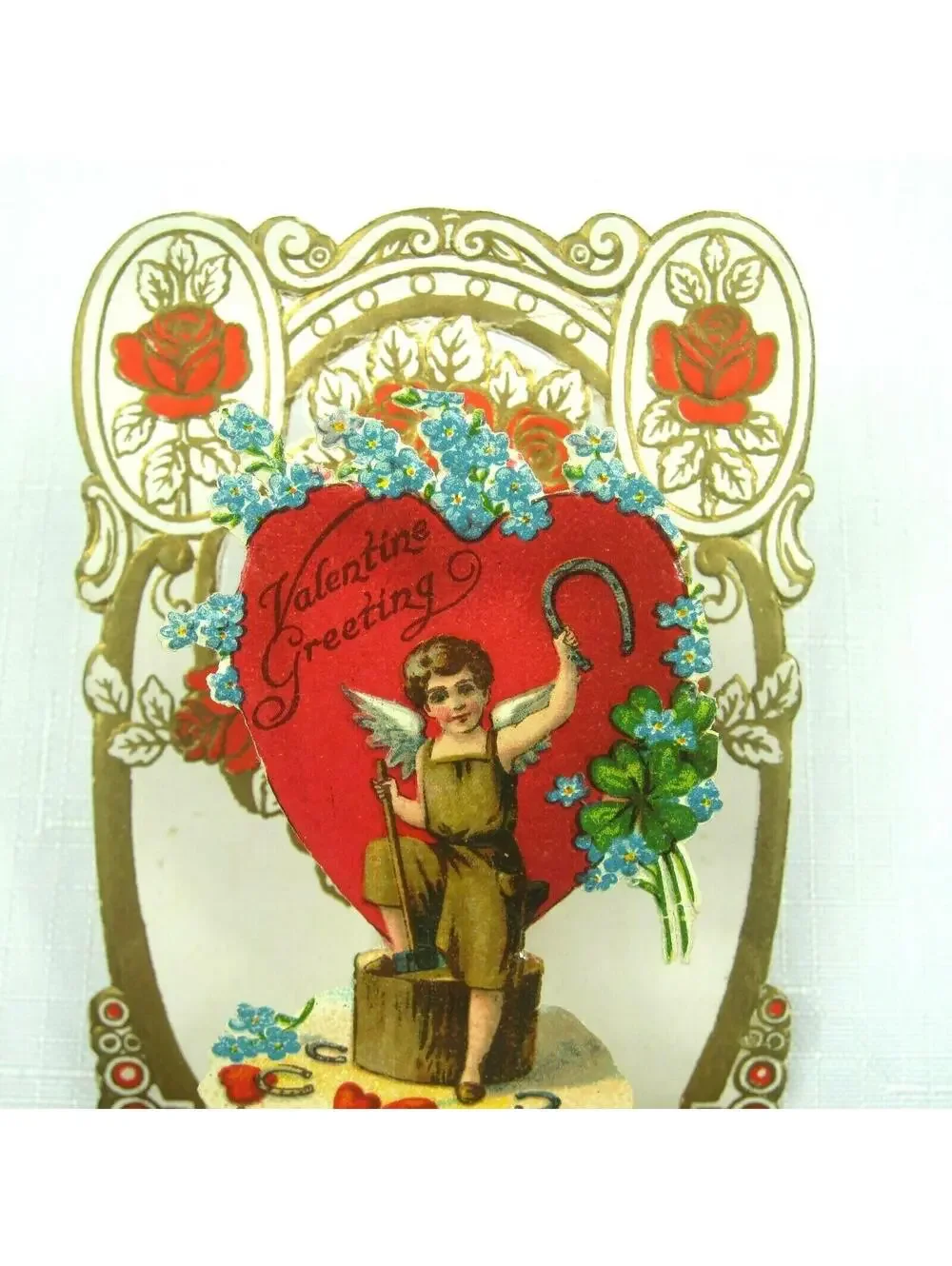 Vintage Valentine Card 1926 Pulldown Diecut 3D Boy Angel Wings Horseshoe Germany
